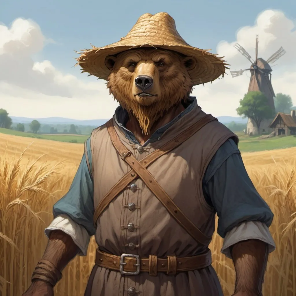 Prompt: a bearfolk-peasant from DnD with straw peasant hat is standing in a medieval peasant fields in the background, Chris Rahn, fantasy art, epic fantasy character art, a character portrait