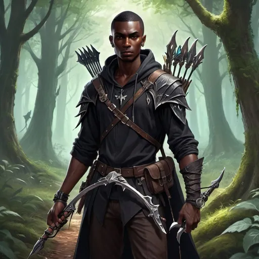 Prompt: a young dark man in a high quality assassin's clothes holding a two battle sickles in his hands and with and a one-handed crossbow on his back in front of fairy forest, Dr. Atl, fantasy art, epic fantasy character art, concept art