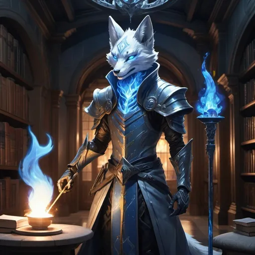 Prompt: A slender humanoid grey kitsune in the stylish armor of a sorcerer with a metal rod in his hands creates a funnel of magical blue flame in front of interior of a stone mansion with a library in the midnight, Dr. Atl, vanitas, league of legends splash art, cyberpunk art