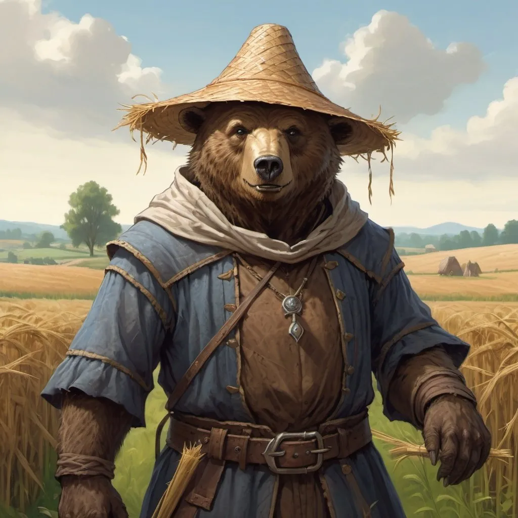 Prompt: a humanoid bear peasant from DnD with straw flattened hat is standing in a medieval peasant fields in the background, Chris Rahn, fantasy art, epic fantasy character art, a character portrait