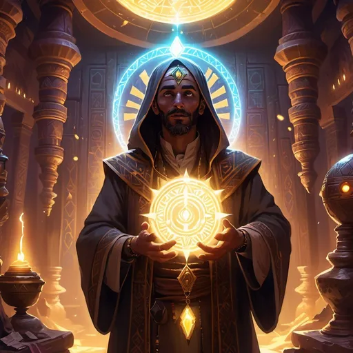 Prompt: a man-priest dressed as a Bedouin with glowing eyes with rays of light in his hands in front of richly decorated wizard’s chambers during the day, Dr. Atl, vanitas, league of legends splash art, cyberpunk art
