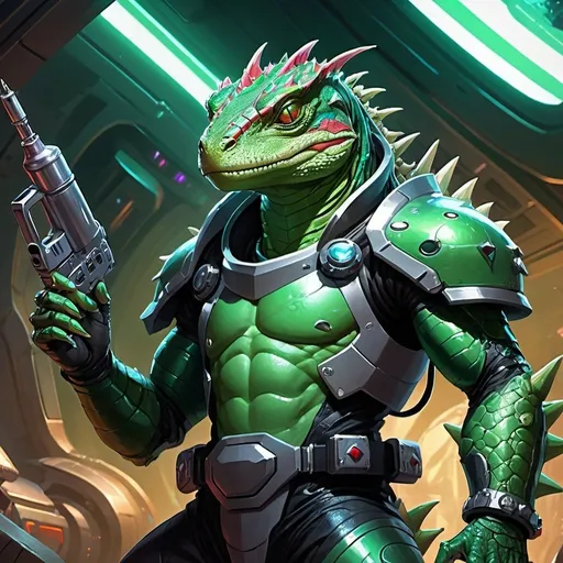 Prompt: A green lizardman, armed with a syringe pistol, dressed in armor with an open belly, stands against the backdrop of a futuristic spaceship, Dr. Atl, vanitas, league of legends splash art, cyberpunk art