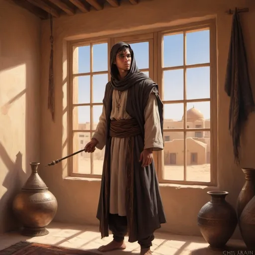 Prompt: a young man priest dressed as a Bedouin casts a spell standing in front of apartments interior with window, Chris Rahn, fantasy art, epic fantasy character art, a character portrait