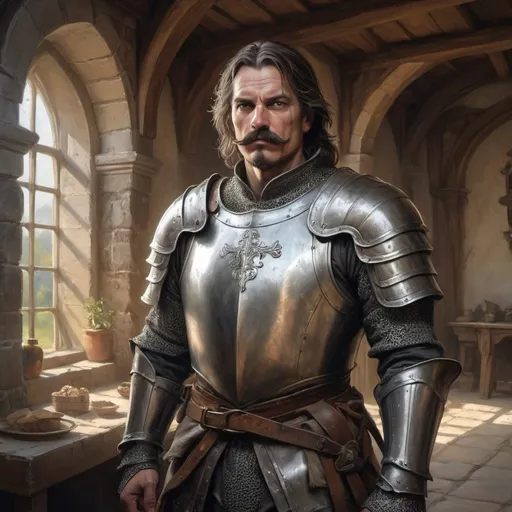 Prompt: a 40 years old man in plate armor wearing a with a blindfold covering the eye on the left eye and with thick hair and mustache standing in front of interior of medieval manor, Aleksi Briclot, antipodeans, epic fantasy character art