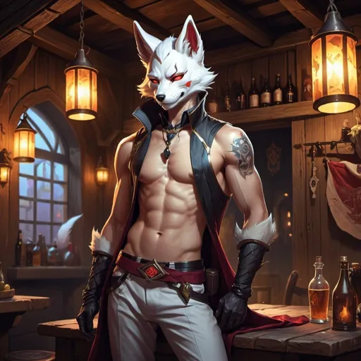 Prompt: male kitsune in a revealing outfit against the backdrop of the bedroom interior of a medieval tavern, Dr. Atl, vanitas, league of legends splash art, cyberpunk art