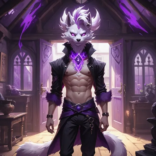 Prompt: male kitsune with furry body like a furry in a bare-chested revealing black outfit in front of the interior of an medieval aristocrat's house creates rays of purple energy, Dr. Atl, vanitas, league of legends splash art, cyberpunk art