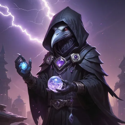 Prompt: a young friendly kenku crow in a black outfit with a silver brooch with a pale blue gem holding a purple object in his hand and a purple magical lightning in his other hand, Dr. Atl, vanitas, league of legends splash art, cyberpunk art