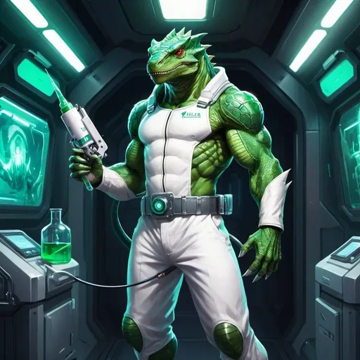 Prompt: A muscular green lizardman with a syringe pistol in his hands dressed in a tight white medical overall with flasks on his belt stands against the interior of a futuristic spaceship, Dr. Atl, vanitas, league of legends splash art, cyberpunk art