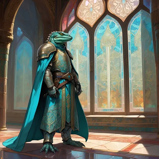 Prompt: A lizardfol paladin with a khopesh in his right hand stands against the background of a fantasy temple interior, colored stained glass windows from which daylight falls, curtains hanging down to the floor. He is dressed in oriental style metal heavy armor. Behind his back is a turquoise cloak. Its scales are pale blue. He mysteriously looks somewhere into the distance.  Highly detailed.