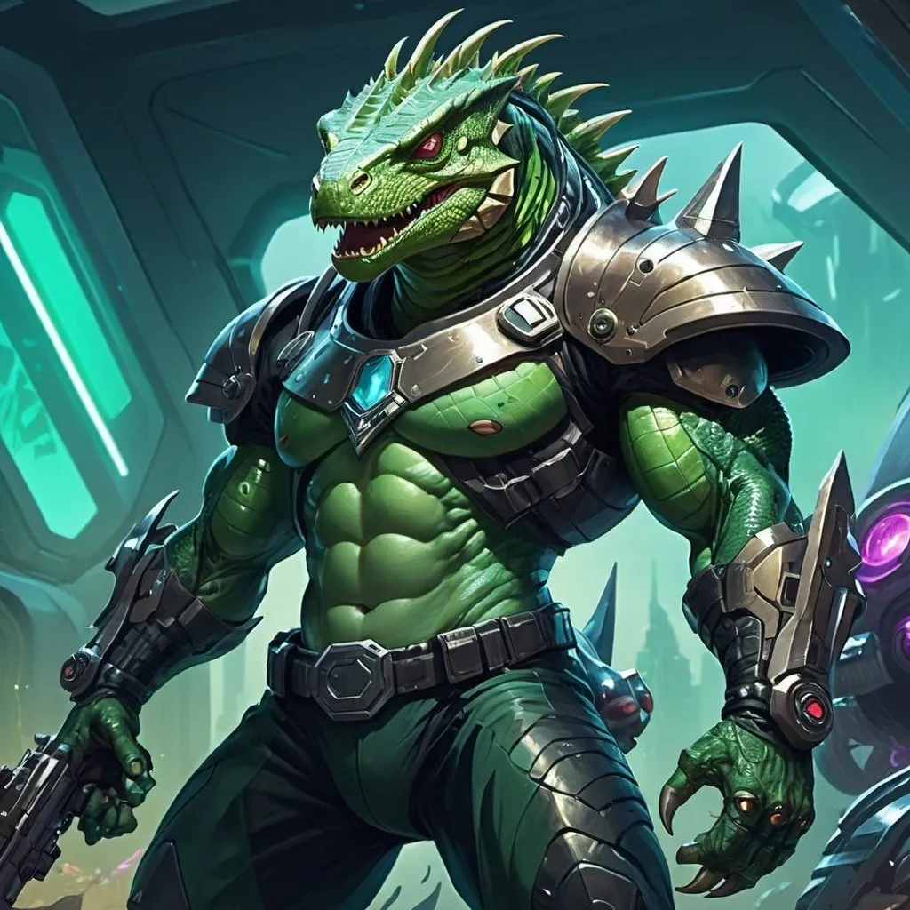 Prompt: A muscular green lizardman, armed with a syringe pistol, dressed in armor with an open belly, stands against the backdrop of a futuristic spaceship, Dr. Atl, vanitas, league of legends splash art, cyberpunk art