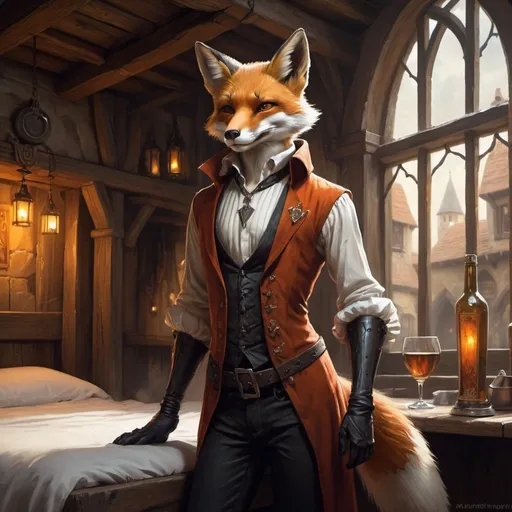 Prompt: anthropomorphic fox in a revealing outfit against the backdrop of the bedroom interior of a medieval tavern, Aleksi Briclot, gothic art, deviantart artstation, a fine art painting