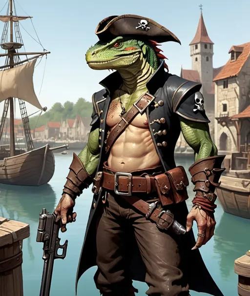 Prompt: a bare chested lizardman with scars on his chest and with a pirate cocked hat on his head holding a antique hand cannon in his hand rests a hand cannon on his shoulder standing in front of medieval harbor, with medieval hand cannons on his belt, Dirk Crabeth, furry art, epic fantasy character art, concept art