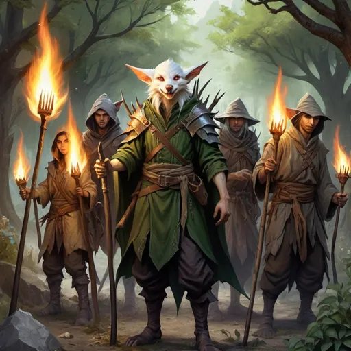 Prompt: a group of elves, dragonborns, kitsune, kenku and humans peasants with pitchforks, torches and other garden tools in tattered clothes, Chris Rahn, fantasy art, epic fantasy character art, a character portrait