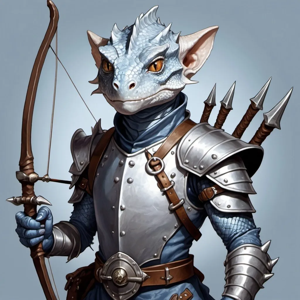 Prompt: a silver lizard-kobold from Dungeons and Dragons with a horned head and a bow in his hand wearing light, pale indigo leather armor with metal plates, holding a bow at the ready in his hand, Adam Rex, sots art, epic fantasy character art, a character portrait