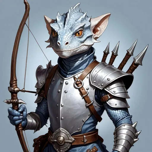 Prompt: a silver lizard-kobold from Dungeons and Dragons with a horned head and a bow in his hand wearing light, pale indigo leather armor with metal plates, holding a bow at the ready in his hand, Adam Rex, sots art, epic fantasy character art, a character portrait