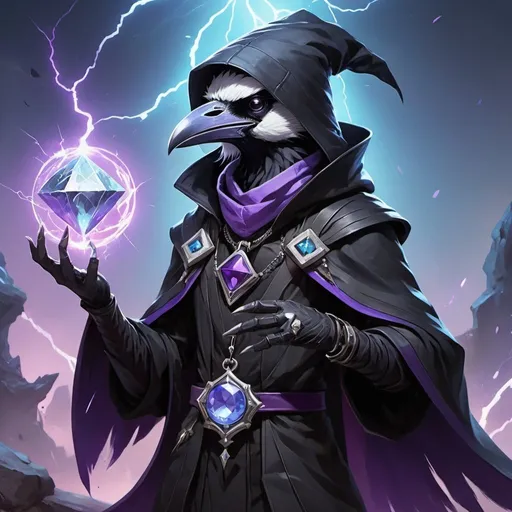 Prompt: a young friendly kenku crow in a black outfit with a silver brooch with a pale blue gem holding a purple object in his hand and a purple magical lightning in his other hand, Dr. Atl, vanitas, league of legends splash art, cyberpunk art