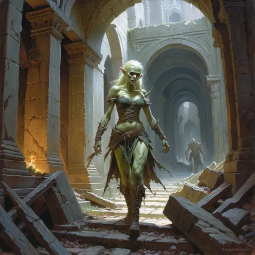 Prompt: zombie elf wanders through the dark ruins, Donato Giancola, fantasy art, epic fantasy character art, concept art