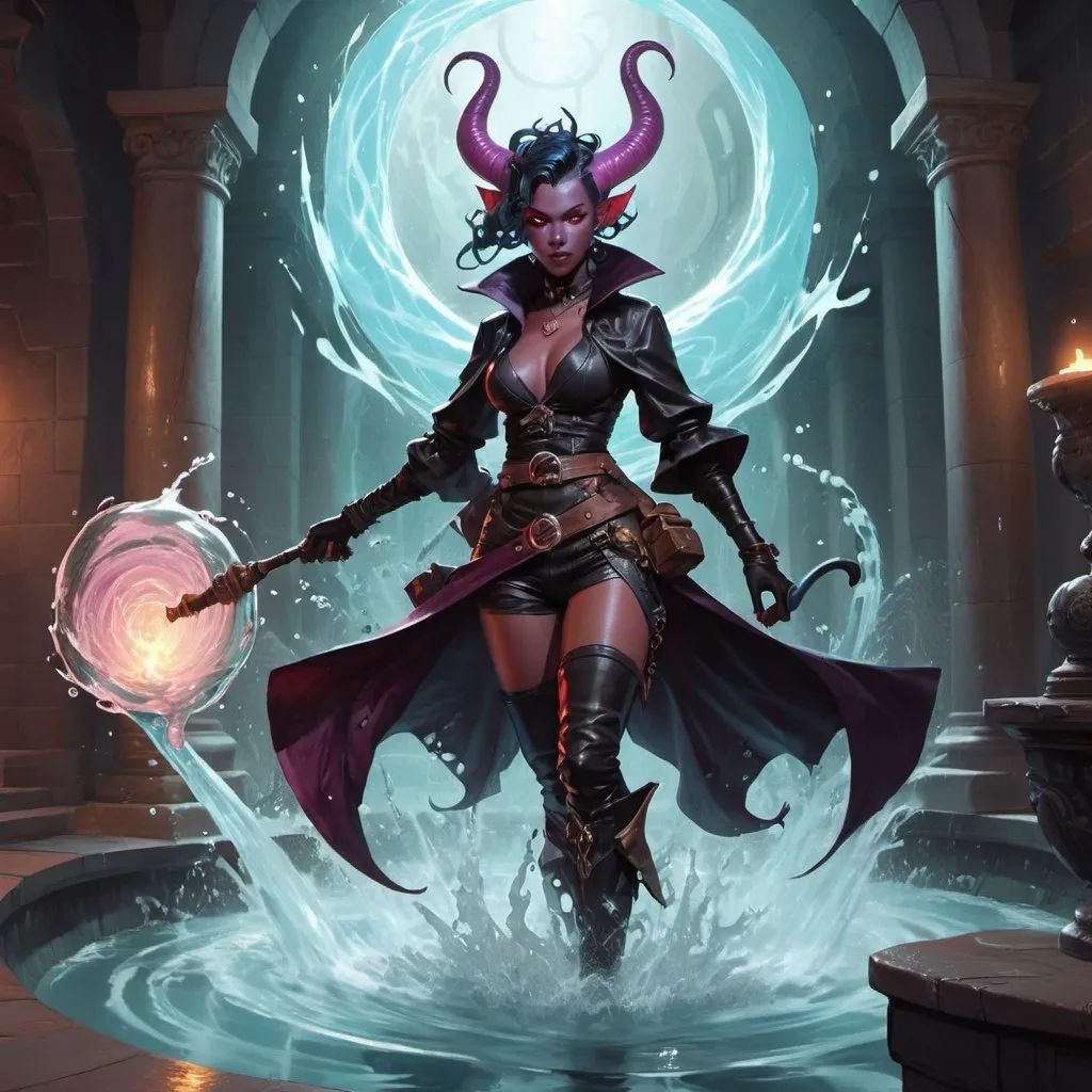 Prompt: a tiefling woman witch from Dungeons and Dragons in a mantle and boots causes a water vortex, Dr. Atl, vanitas, league of legends splash art, cyberpunk art