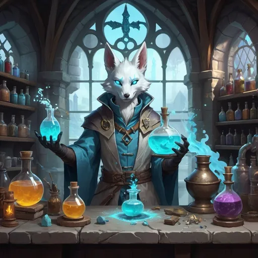 Prompt: A slender humanoid pale blue kitsune dressed as a medieval alchemist mixes potions in front of interior of a fantasy medieval stone 
alchemical laboratory, Dr. Atl, vanitas, league of legends splash art, cyberpunk art