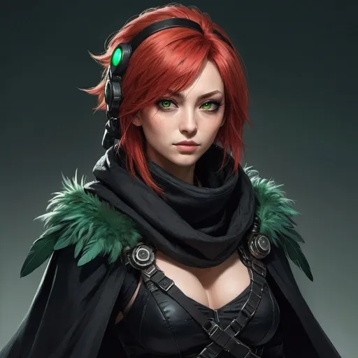 Prompt: a scandinavian woman monster hunter with red hair and green eyes wearing a black outfit and cape and a black scarf with green feathers on her head and a black snood around her neck and on her chest, full length, Ayami Kojima, cyberpunk art