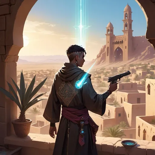 Prompt: a young man priest from Dungeons and Dragons dressed as a Bedouin shoots beams of light in front of apartments with windows and views of medieval city in the desert with gardens and pools, Dr. Atl, vanitas, league of legends splash art, cyberpunk art