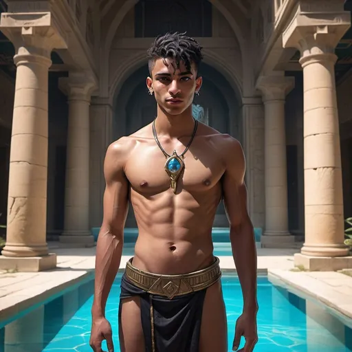 Prompt: a Egyptian bare-chested young man-priest with a short loincloth in front of stone hall with swimming pool, Dr. Atl, vanitas, league of legends splash art, cyberpunk art