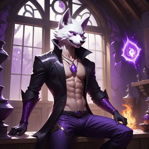 Prompt: male kitsune like a furry in a bare-chested revealing black outfit in front of the interior of an medieval aristocrat's house creates rays of purple energy, Dr. Atl, vanitas, league of legends splash art, cyberpunk art