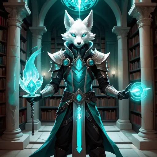 Prompt: A slender humanoid white kitsune in the stylish armor of a sorcerer with a metal rod in his hands creates a funnel of magical turquoise rays in front of interior of a stone mansion with a library in the midnight, Dr. Atl, vanitas, league of legends splash art, cyberpunk art