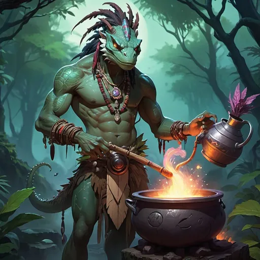 Prompt: a bare-chested lizardman shaman dressed like a Indian medicine man brews a potion in a cauldron in front of night forest, Dr. Atl, vanitas, league of legends splash art, cyberpunk art