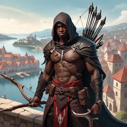 Prompt: a young dark man in a high quality assassin's clothes holding a two sickles in his hands and a one-handed crossbow on his back in the pose of Valeera Sanguinar in front of medieval city with bay, Clint Cearley, fantasy art, epic fantasy character art, concept art