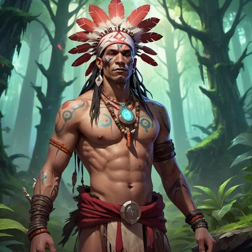 Prompt: a bare-chested shaman dressed like a Indian medicine man in front of forest, Dr. Atl, vanitas, league of legends splash art, cyberpunk art