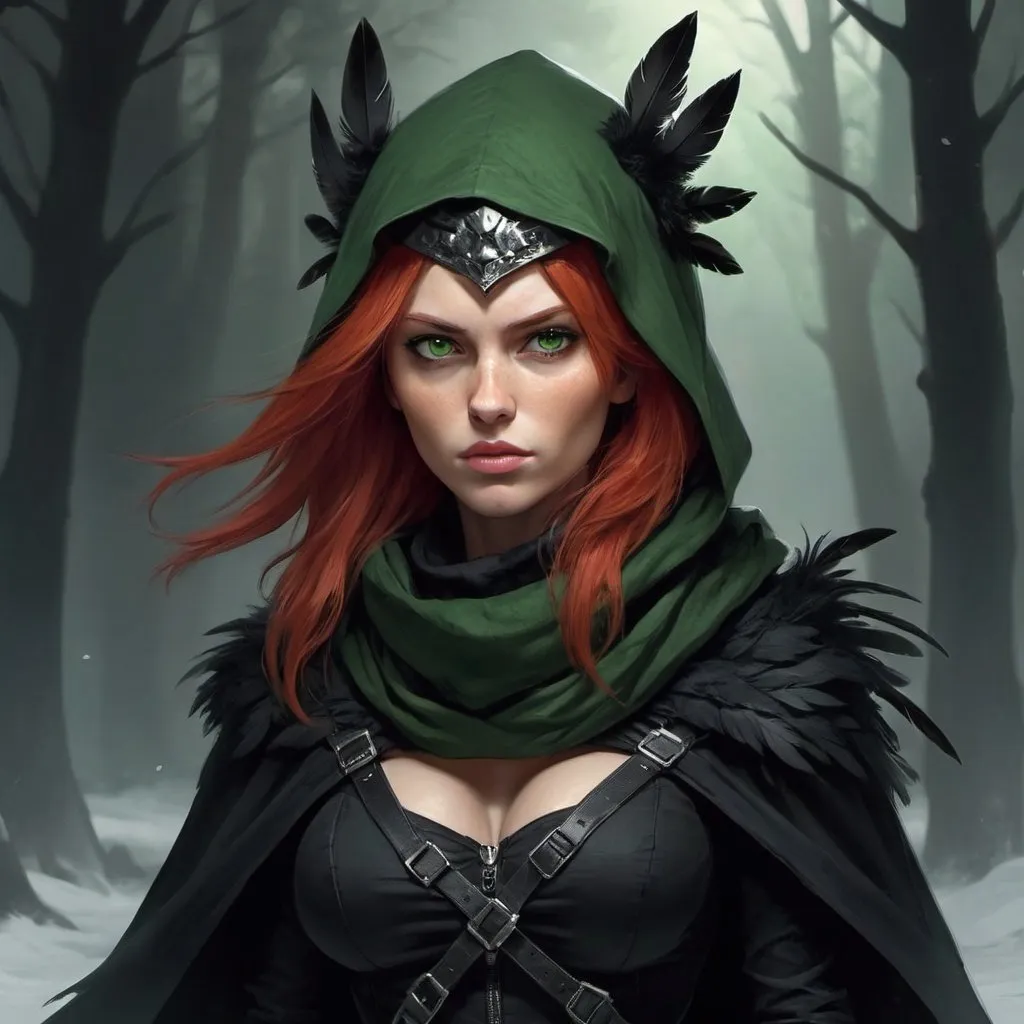 Prompt: a scandinavian woman monster hunter with red hair and green eyes wearing a black outfit and a black scarf with green feathers on her head and a black snood around her neck and and cape, full length, Aleksi Briclot, gothic art, deviantart artstation, a fine art painting