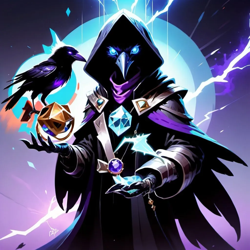 Prompt: a young friendly kenku crow in a black outfit with a silver brooch with a pale blue gem holding a purple object in his hand and a purple magical lightning in his other hand, Dr. Atl, vanitas, league of legends splash art, cyberpunk art