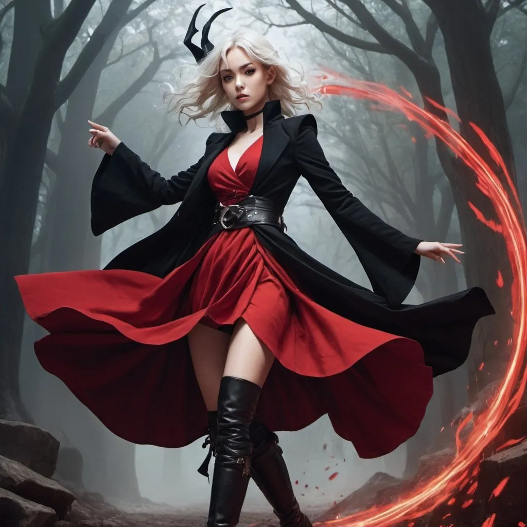 Prompt: a woman elf witch from Dungeons and Dragons in a red and black dress and a black coat and boots causes a whirlwind, Ayami Kojima, arabesque, vogue, a poster