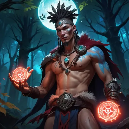 Prompt: a bare-chested shaman dressed like a medieval savage draws a magic seal in front of night forest, Dr. Atl, vanitas, league of legends splash art, cyberpunk art