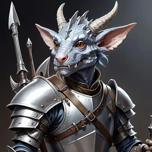 Prompt: a silver kobold with a horned head and a bow in his hand wearing light, pale indigo leather armor with metal plates, holding a bow at the ready in his hand, Adam Rex, sots art, epic fantasy character art, a character portrait