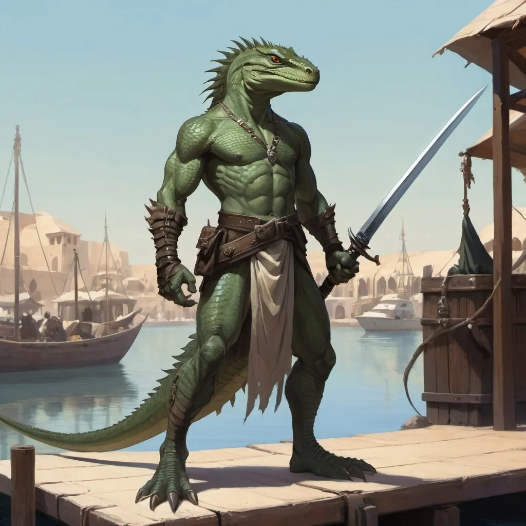 Prompt: a spruce color lizardman with a bare chest and sword and a bag on his shoulder and a saber in his hand, standing in front of a docks on the Arabian Peninsula, Art of Brom, fantasy art, epic fantasy character art, concept art