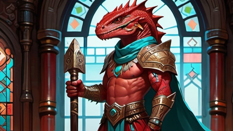 Prompt: A red lizardman paladin with hammer in his hand dressed in oriental style metal heavy armor and a silk scarf and turquoise cloak, standing against the background of a fantasy Aztec temple interior with colored stained glass windows and curtains, Art of Brom, fantasy art, epic fantasy character art, concept art