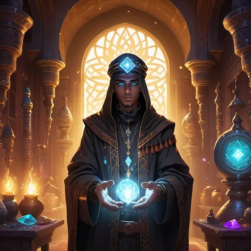 Prompt: a young man-priest dressed as a Bedouin with glowing eyes with rays of light in his hands in front of richly decorated wizard’s chambers during the day, Dr. Atl, vanitas, league of legends splash art, cyberpunk art