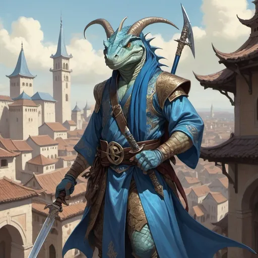 Prompt: a blue bare-chested lizardman wizard and sword and a bag on his shoulder and a scimitar in his hands in oriental attire in satin scarves around the neck on the body with long ears and horns, standing in front of a medieval european fantasy city background, Art of Brom, fantasy art, epic fantasy character art