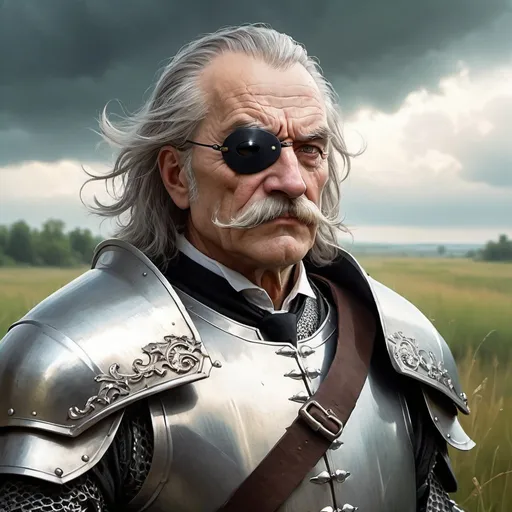 Prompt: a old man in plate armor wearing a fake eye patch with a tie on the left eye and with thick hair and mustache stands against the backdrop of a meadow in cloudy weather, Aleksi Briclot, antipodeans, fantasy character art