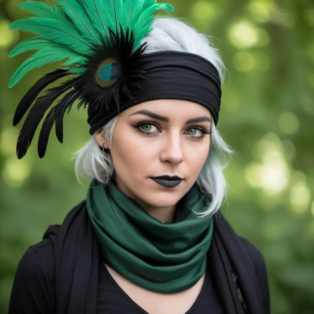 Prompt: a woman wearing a black outfit and a black scarf with green feathers on her head and a black scarf around her neck, Dirk Crabeth, dau-al-set, cosplay, a character portrait