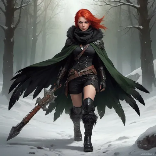 Prompt: a scandinavian woman monster hunter with red hair and green eyes wearing a black outfit and a black scarf with green feathers on her head and a black snood around her neck and and cape and in Wellingtons, full length, Aleksi Briclot, gothic art, deviantart artstation, a fine art painting