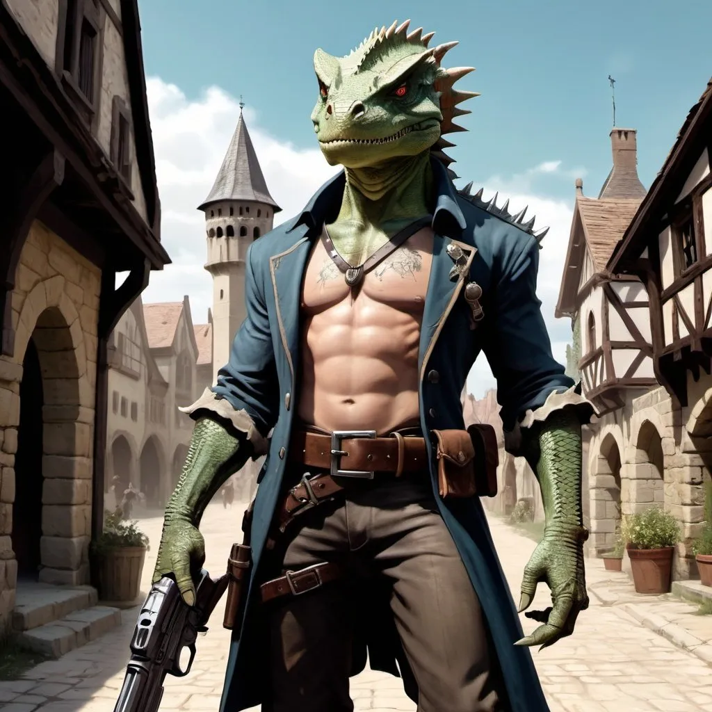 Prompt: a bare chested lizardman holding a hand cannon in his hand, with antique pistols on his belt, standing in front of medieval town, Adam Rex, furry art, epic fantasy character art, concept art