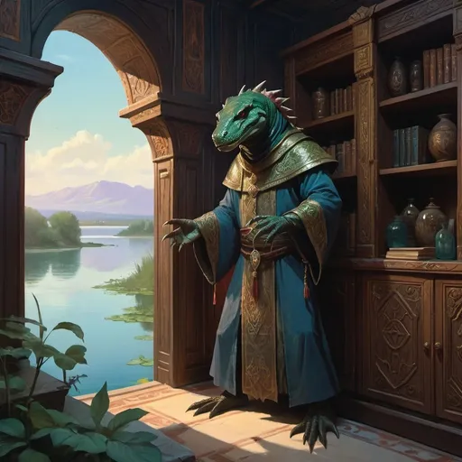 Prompt: a dark lizardman mage  in armenian clothes creates magical seals in front of interior of cabinet overlooking the lake and vegetation in Byzantine style, Art of Brom, fantasy art, epic fantasy character art, concept art