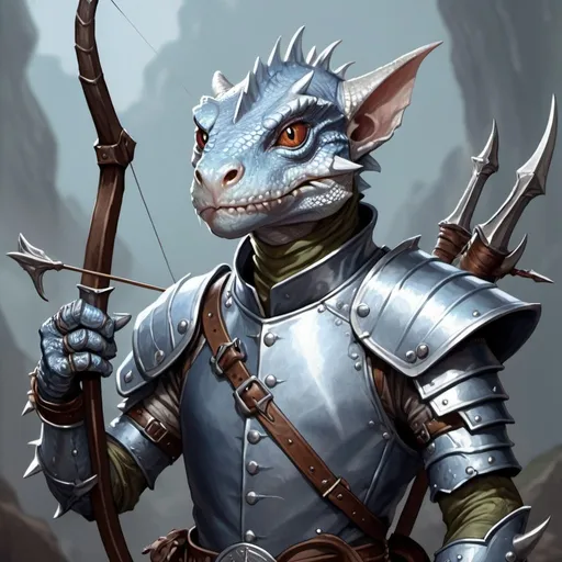 Prompt: a silver lizard-kobold from Dungeons and Dragons with a horned head and a bow in his hand wearing light, pale indigo leather armor with metal plates, holding a bow at the ready in his hand, Adam Rex, sots art, epic fantasy character art, a character portrait