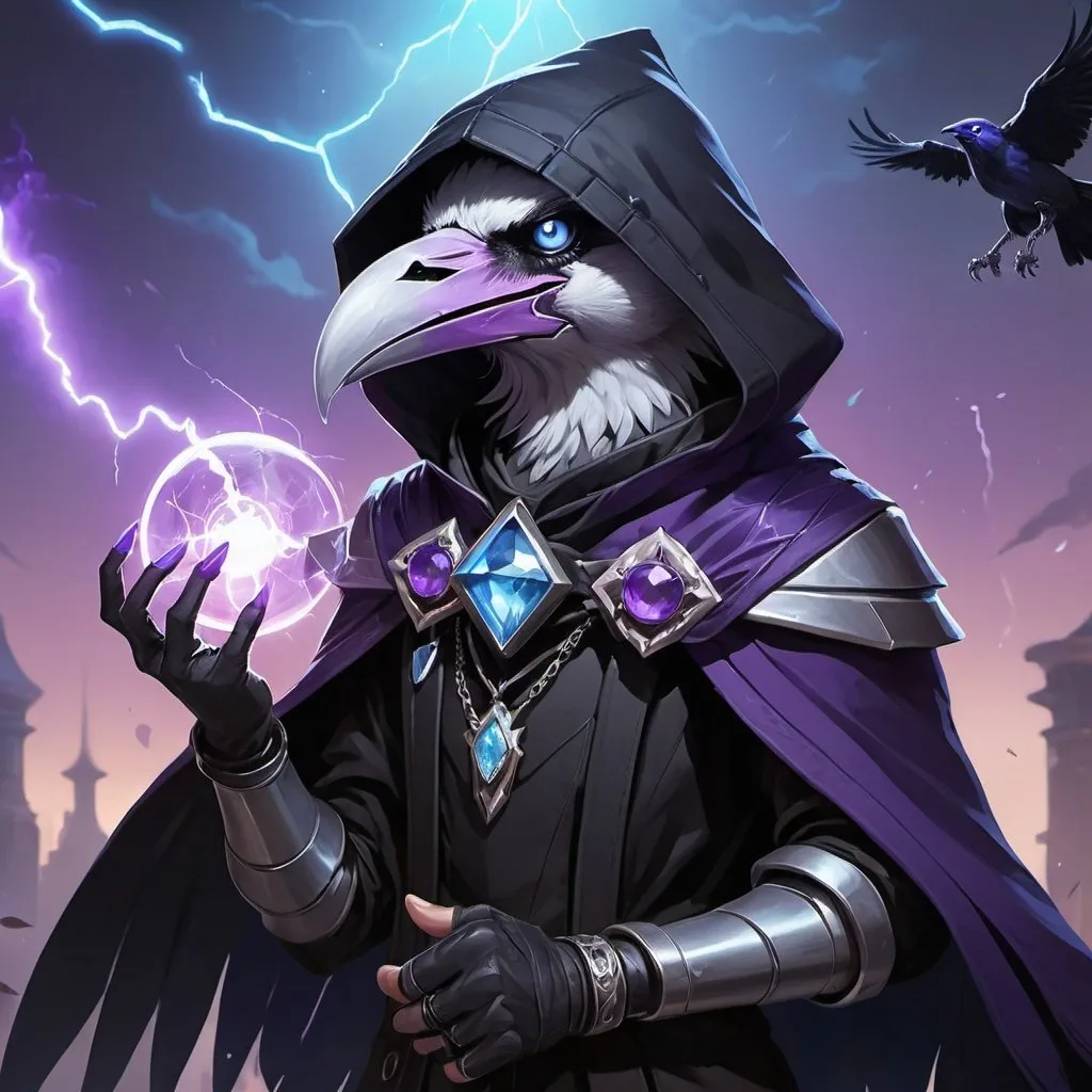 Prompt: a young friendly kenku crow upper part of the muzzle is white blue eyes in a black outfit with a silver brooch with a pale blue gem holding a purple object in his hand and a purple magical lightning in his other hand, Dr. Atl, vanitas, league of legends splash art, cyberpunk art