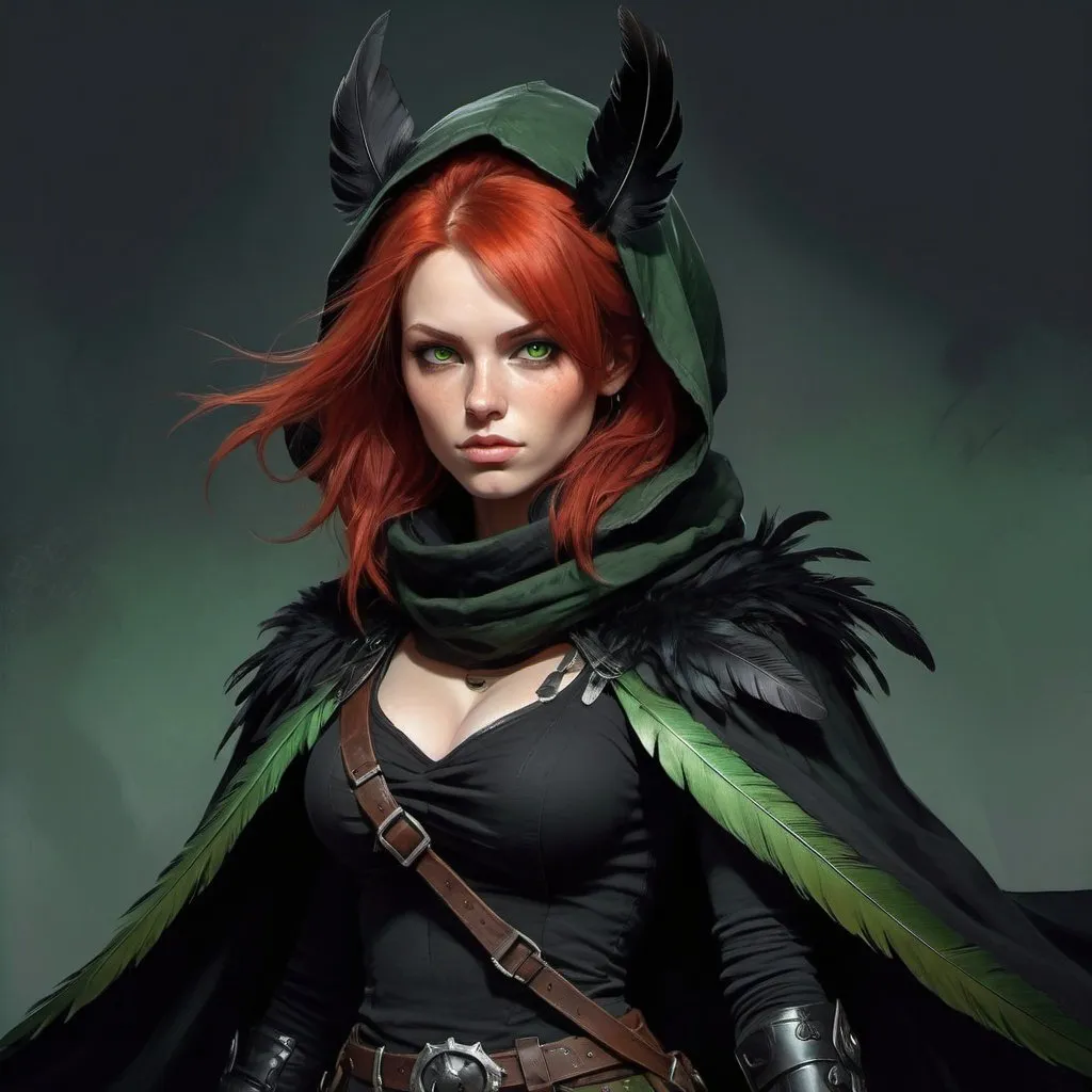 Prompt: a scandinavian woman monster hunter with red hair and green eyes wearing a black outfit and a black scarf with green feathers on her head and a black snood around her neck and and cape, full length, Aleksi Briclot, gothic art, deviantart artstation, a fine art painting