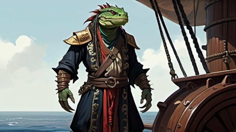 Prompt: a lizardman corsair in medieval pirate oriental clothes standing on board of ship, Art of Brom, fantasy art, epic fantasy character art, concept art