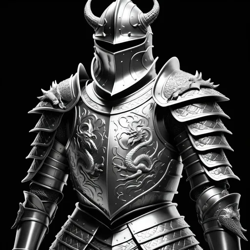 Prompt: a black and white photo of a knight armor with dragon decorations on it's shoulders, with a black background, Andries Stock, photorealism, armor, an ambient occlusion render